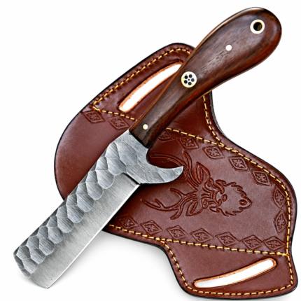 Broad Blade Utility Knife with dark wood-grain handle and embossed brown sheath