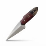 Two-tone handle fixed blade knife with silver pointed blade, reddish-brown grip, dark cream handle end and matching brown stitched sheath.