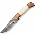 Bone Look Damascus Folding Knife with curved silver-and-charcoal patterned blade, ivory-colored center, brown wood-grain handle ends, red spacers and gold-tone details.