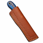 Blue Black Damascus Mini Cleaver Knife with broad silver-gray patterned blade, squared-off end, curved electric-blue and charcoal handle, and gold-tone pins