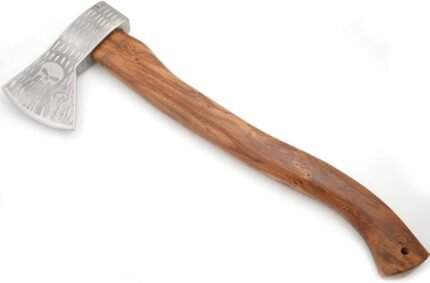 Viking Skull Engraved Axe with Curved Wooden Handle
