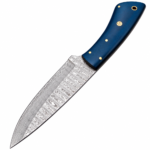 Blue Handle Damascus Hunting Knife with silver-gray patterned pointed blade, navy blue contoured grip, gold-tone pins and decorative mosaic fitting