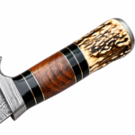 Damascus Hunting Knife with patterned silver blade, curved metal guard, brown wood-look handle, black spacers, and cream antler-style end