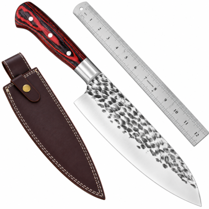Hand Forged Chef Knife with hammered silver blade, red and black wooden-style handle, metal bolster, and brown stitched leather-style sheath.