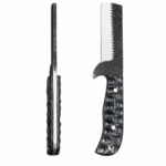 Textured handle cleaver-style knife with a straight silver-colored blade, black diamond-patterned upper surface, and curved crosshatch handle with two circular metallic details