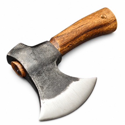 Rustic Viking Hatchet featuring a textured forged-style steel-look head, broad polished curved blade edge and natural brown woodgrain handle on a white background.
