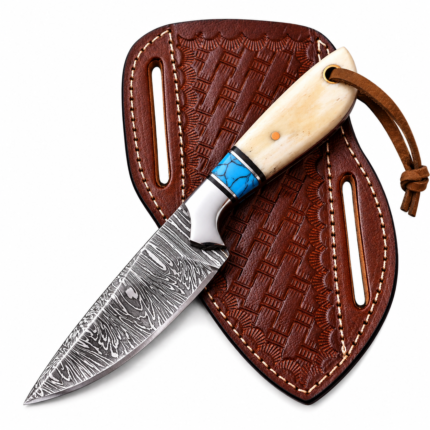 Blue Accent Damascus Hunting Knife with a broad black-and-silver patterned blade, cream bone-look handle, turquoise-blue spacer, silver-colored bolster and brown lanyard.