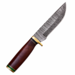 Patterned Fixed Blade Hunting Knife with silver and dark layered-look blade, brown wood-grain handle, gold-tone guard and green end accent