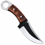 Wood Handle Ring Pommel Skinner Knife with a broad curved black and silver blade, brown wood-grain handle and reddish-brown stitched belt-style sheath.