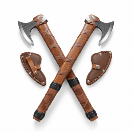Viking Bearded Axe Set featuring 2 crossed Norse-style axes with dark textured heads, brown wooden-look handles and decorative leather-style wrapping