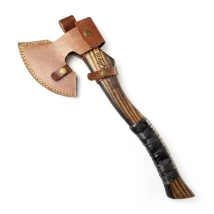 Rune Engraved Damascus Viking Axe with silver-grey patterned bearded blade, angled brown wood-grain handle, geometric engraving and black wrapped grip