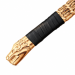 Engraved Celtic Viking Axe with silver curved blade, intricate Celtic knotwork, carved golden-brown wooden handle, and black-wrapped grip.