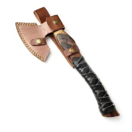 Engraved Handle Damascus Viking Axe with a broad silver-grey patterned bearded head, brown wood-grain shaft, geometric symbol and black crisscross grip wrapping
