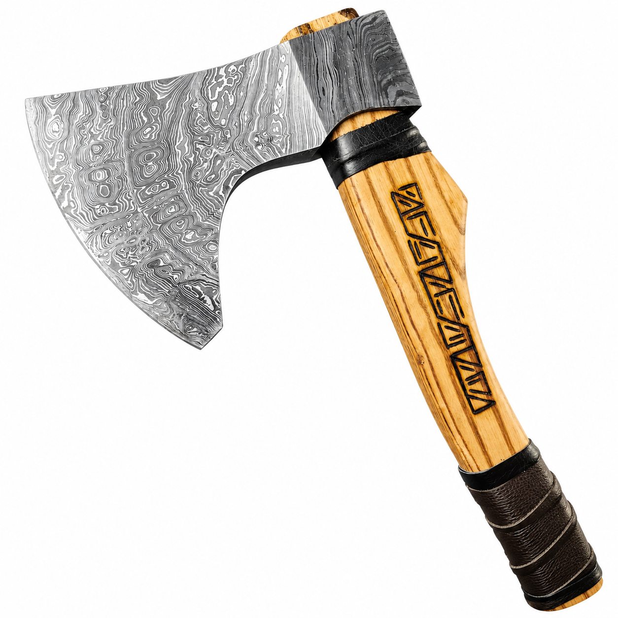 4a4831e1-1fc1-4860-9450-38fece83aedd Runic Damascus Pattern Viking Axe with broad silver patterned bearded head, golden-brown rune-marked wood-look handle and black wrapped grip