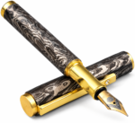 Luxury Damascus Steel Fountain Pen with black and silver patterned barrel, gold-colored fittings, decorative nib, and matching cap.