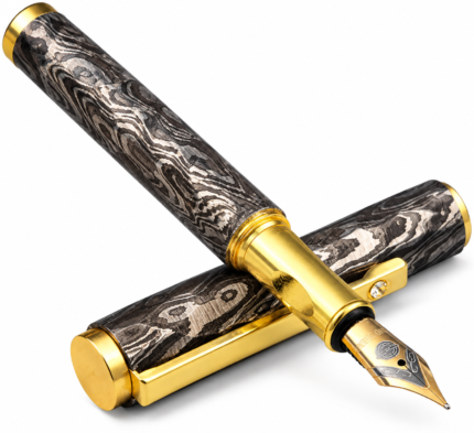 Luxury Damascus Steel Fountain Pen with black and silver patterned barrel, gold-colored fittings, decorative nib, and matching cap.