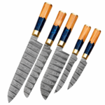 Five Damascus Pattern Kitchen Knives with silver-gray patterned chef, serrated, chopping and utility blades, blue-and-brown handles and gold-tone fittings