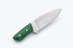 Green Handle Hunting Knife with smooth silver drop-point blade, green-and-black wood-grain-look grip and reddish-brown stitched sheath