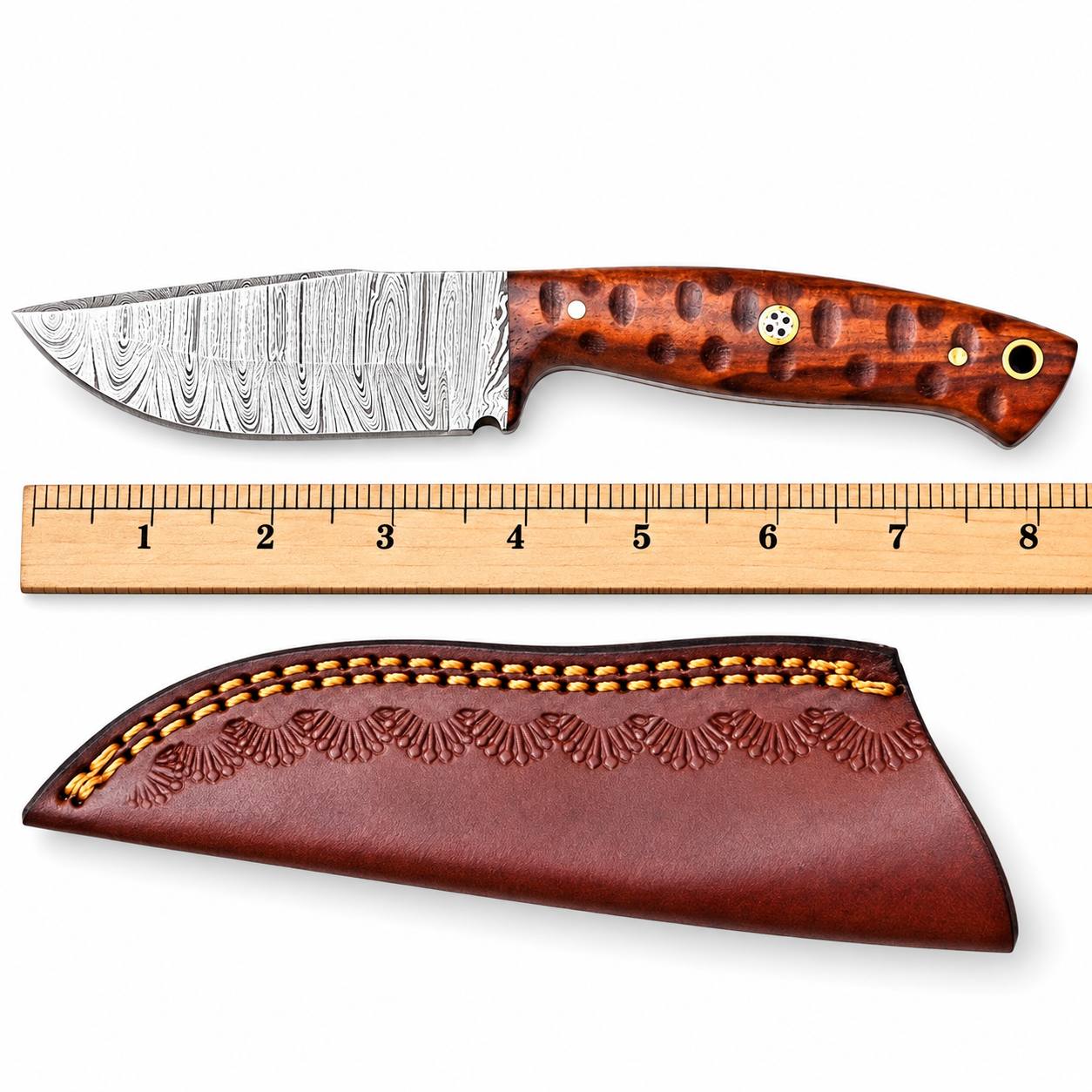 Premium Damascus Bushcraft Hunting Knife – 5 Features Damascus Bushcraft Hunting Knife with brown handle, ruler and stitched sheath