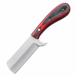 Angled view of a broad fixed-blade knife with satin metallic finish, red-black patterned handle and curved projection near the handle.