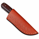 Two Tone Damascus Hunting Knife with a silver-and-charcoal patterned blade, dark brown wood-look handle, cream-colored front section and red divider