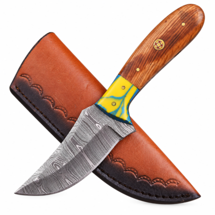 Damascus pattern hunting knife with a curved silver-and-gray blade, polished brown wood-grain handle, yellow-and-blue marbled accent, and gold-tone mosaic fitting.