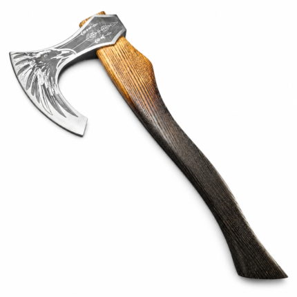 Raven engraved Viking axe with silver and dark grey bearded blade, large bird motif, geometric markings and long golden-brown to black wood-look handle.