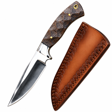 Textured Brown Handle Hunting Knife with Leather Sheath