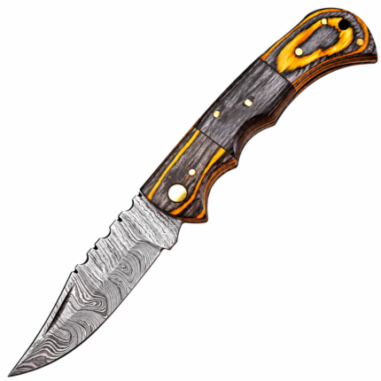 Damascus Drop Point Hunting Knife with orange-black patterned handle