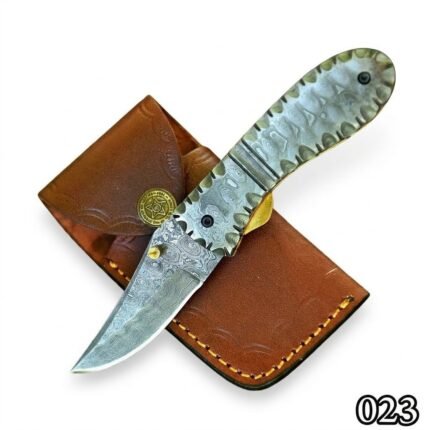 Damascus Pattern Steel Handle Folding Knife with Brown Leather Pouch