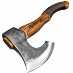 Runic Viking Bearded Axe with dark textured metal head, silver curved blade edge, golden-brown wooden handle, black geometric marking and brown wrapped grip
