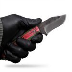 Hand Carved Red Green Hunting Knife with Dark Curved Steel Blade, Decorative Star Pattern Handle and Rustic Finish