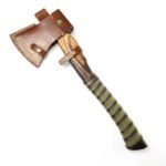 Damascus Steel Viking Axe featuring patterned silver-gray axe head, natural wooden handle and green and dark brown wrapped grip on a white background.