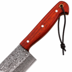 Damascus Pattern Slicing Knife with long silver-gray patterned blade, reddish-brown wood-style handle, three silver pins and black lanyard.