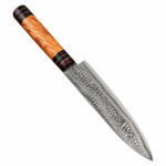 Amber Woodgrain Damascus Chef Knife with long silver-gray wave-patterned blade, pointed tip, golden-brown wood-look handle and dark decorative bands