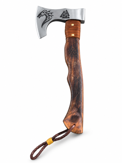 Viking Bearded Axe with silver-colored engraved head, black triangular Norse-style symbol, curved carved brown handle, leather-like wrap and braided cord.