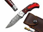 Five Damascus-Patterned Folding Pocket Knife variations featuring green, blue, black, orange, and red handles with decorative silver bolsters and patterned blades.