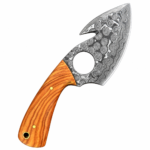Damascus gut hook skinning knife with circular finger hole, patterned curved blade and brown wood-grain handle