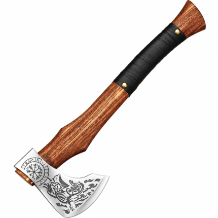 Viking style axe with a decorated silver-tone head, circular emblem, helmeted figure, brown wood-grain handle, and black wrap with two gold-tone studs.