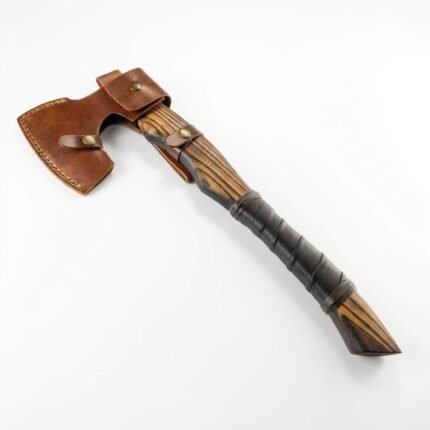 Black Wrapped Grip Bearded Hatchet with dark textured metal head, curved lower blade, striped brown wood-look handle and black wrapping