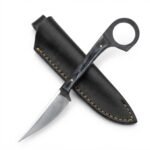 Ring pommel fixed blade knife with satin silver pointed blade, dark wood-grain-look handle, circular rear finger ring and black sheath with tan stitching.