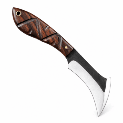 Carved Handle Curved Skinner Knife with black-and-silver curved blade, dark carved brown handle and embossed brown belt-style sheath