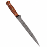 Wood Handle Damascus Fillet Knife with long narrow silver-gray wave-patterned blade, reddish-brown wood-look handle and circular decorative inlay