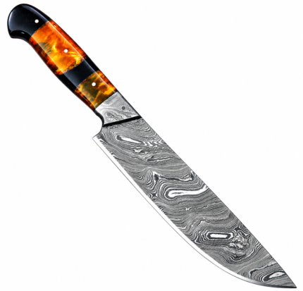 Amber Resin Handle Damascus Chef Knife with Patterned Blade