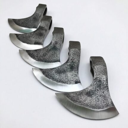 Five Viking bearded axe heads in different sizes with wide curved polished blades and rustic dark textured finishes, displayed without handles.
