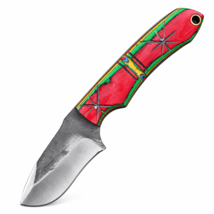 Custom fixed blade hunting knife featuring a curved two-tone steel blade, colorful red green and yellow handle, decorative starburst patterns, and lanyard hole