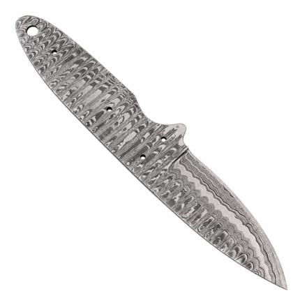 Damascus-style knife blank with silver-gray wavy metal pattern, pointed blade, exposed tang, and multiple circular holes