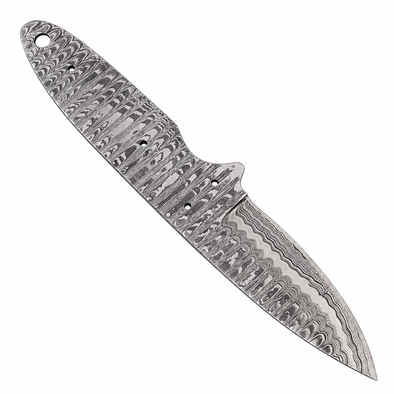 5daa05f0-745c-4ccc-9a00-daed0c26b862 Damascus-style knife blank with silver-gray wavy metal pattern, pointed blade, exposed tang, and multiple circular holes