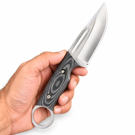 Ring-pommel fixed-blade knife held in a hand, featuring a silver-colored pointed blade with an elongated groove, black-and-gray swirl-pattern handle, and circular metal end ring.