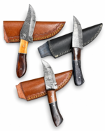 Damascus Hunting Knife Assortment showing four patterned fixed-blade knives with red, brown and black handles alongside decorative brown and black stitched sheaths.